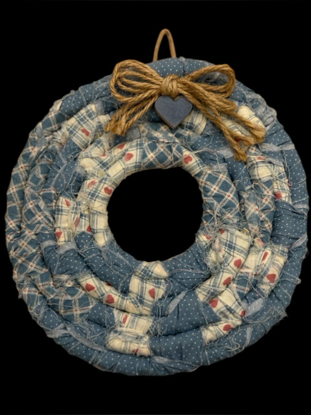 Blue Patchwork Rag Wreath with Heart Accents